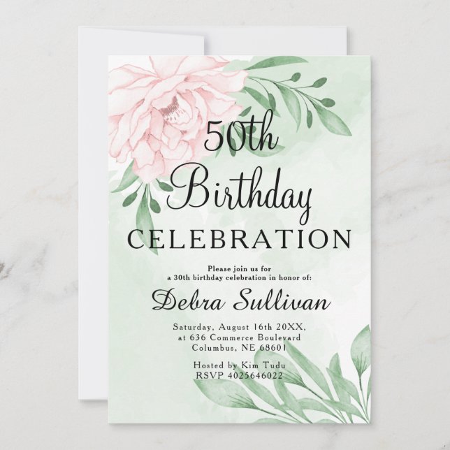 Invitation Rose rose Eucalyptus Feuillage 50e anniversaire (Devant)