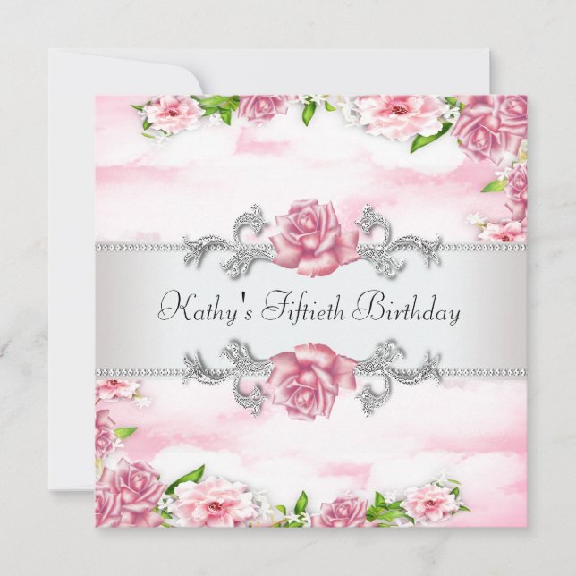 Invitation Rose rose femmes 50e fête d'anniversaire (Devant)