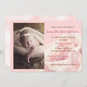 Invitation Rose rose fille photo Baptême