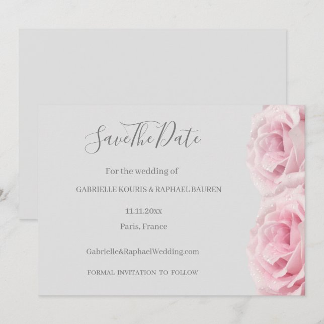 Invitation Rose Rose Fleur Gris Floral Enregistrer La Date Ma (Devant / Derrière)