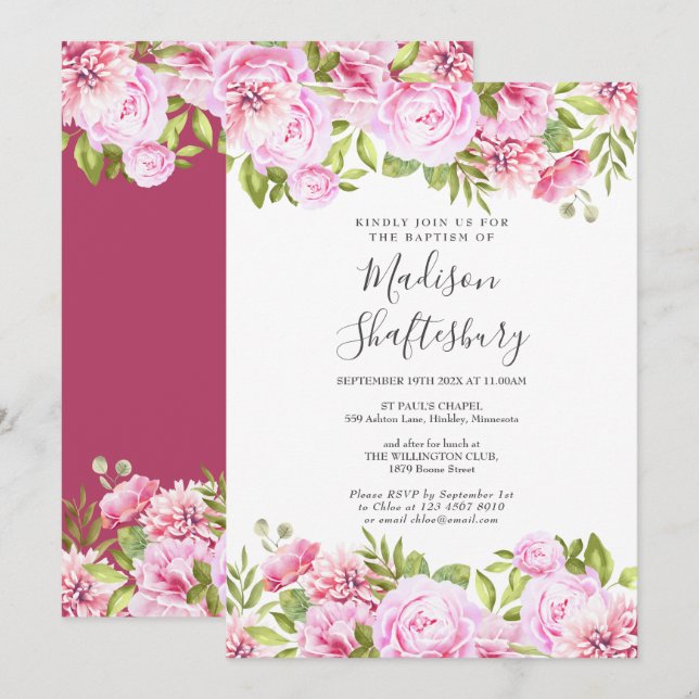 Invitation Rose Rose Floral Baptême Christening (Devant / Derrière)