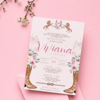 Invitation Rose rose Floral Bottes Occidentales Charro Quince