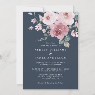 Invitation Rose rose floral Bourgogne bleu foncé