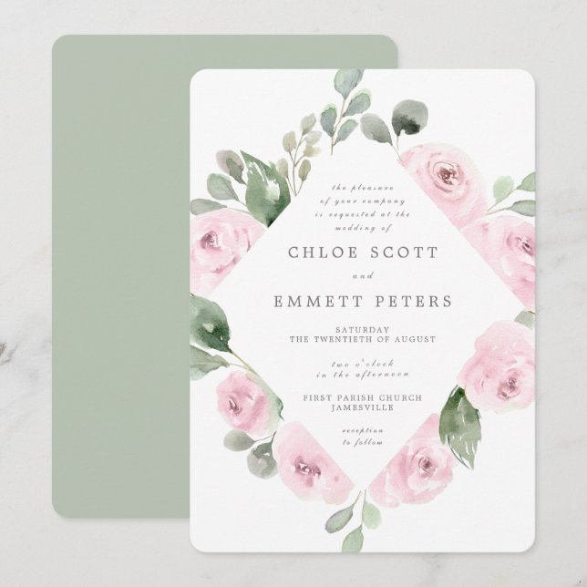 Invitation Rose rose Floral Eucalyptus Mariage botanique (Devant / Derrière)