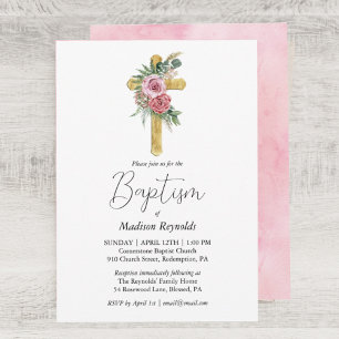Invitation Rose Rose Floral Fern Bois Croix Baptême