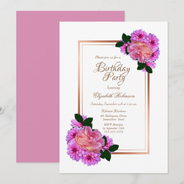 Invitation Rose rose Floral Gold Frontière Anniversaire (Devant / Derrière)
