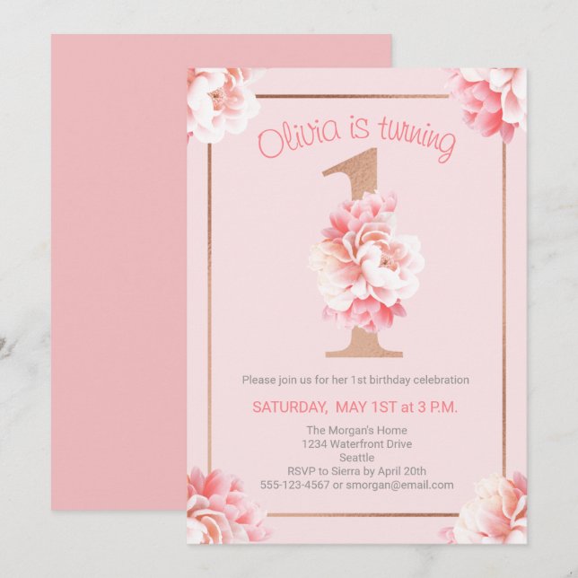Invitation Rose rose Floral Gold Girl's First Birthday Party (Devant / Derrière)