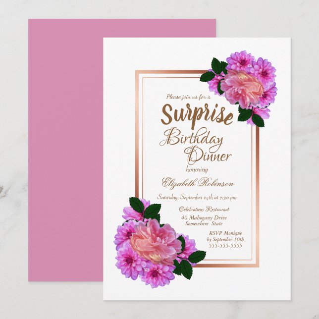 Invitation Rose rose Floral Gold Surprise Anniversaire Dîner (Devant / Derrière)