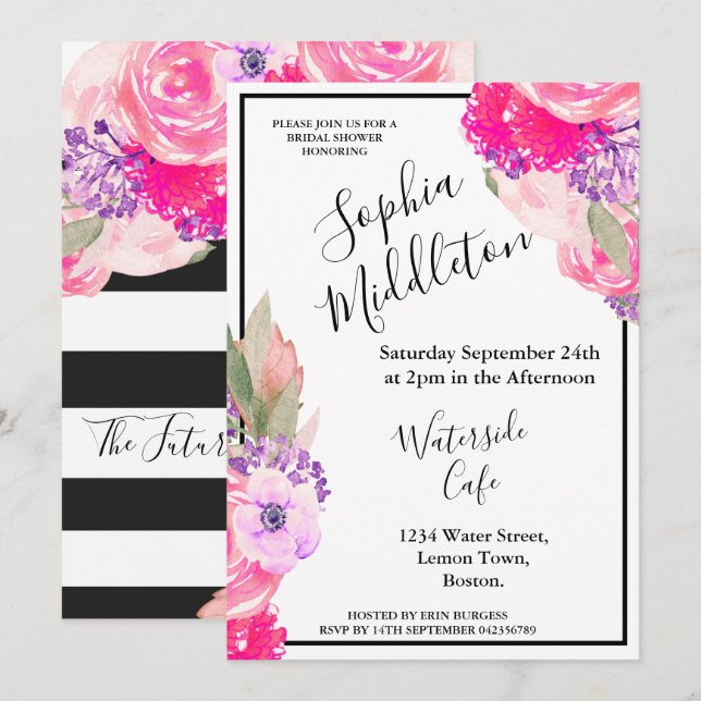Invitation Rose rose floral noir blanc rayure moderne chic (Devant / Derrière)