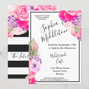 Invitation Rose rose floral noir blanc rayure moderne chic