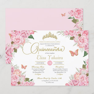 Invitation Rose Rose Floral Or Tiara Butterfly Quinceanera