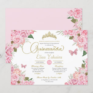 Invitation Rose Rose Floral Or Tiara Butterfly Quinceanera