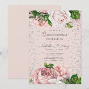 Invitation Rose rose Floral Parties scintillant d'argent Quin