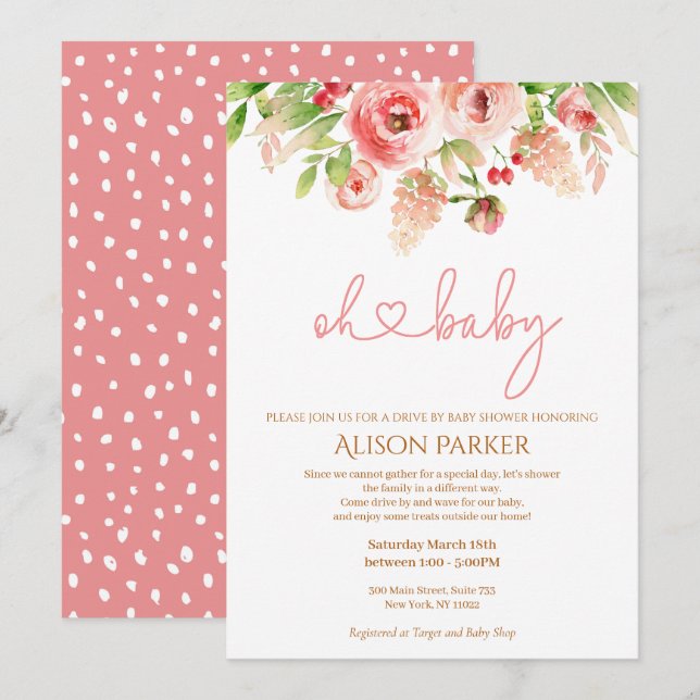 Invitation Rose Rose Floral Végétation Drive Par Baby shower (Devant / Derrière)