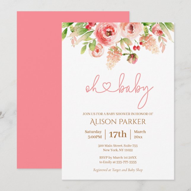 Invitation Rose Rose Floral Vert Fille Baby shower (Devant / Derrière)