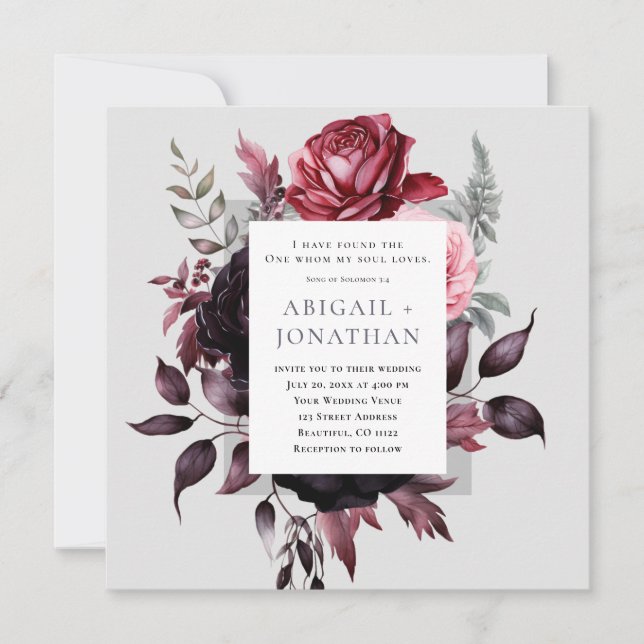Invitation Rose rose foncé gris floral Bible Mariage chrétien (Devant)