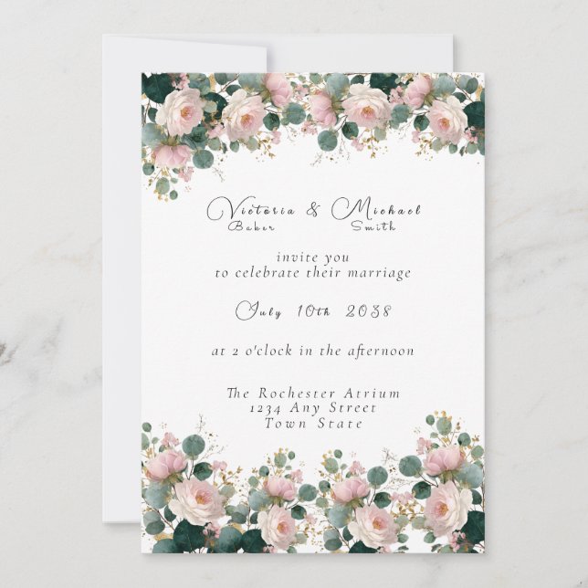 Invitation Rose Rose Garden Eucalyptus Mariage (Devant)