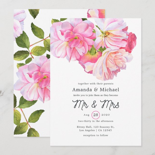 Invitation Rose Rose Garden M. et Mme la Mariage (Devant / Derrière)