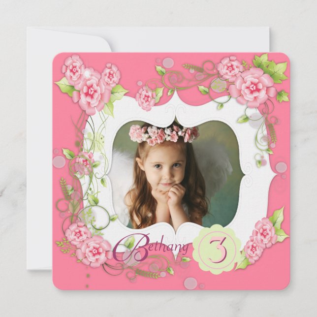 Invitation Rose Rose Girls Photo 3e fête d'anniversaire (Devant)