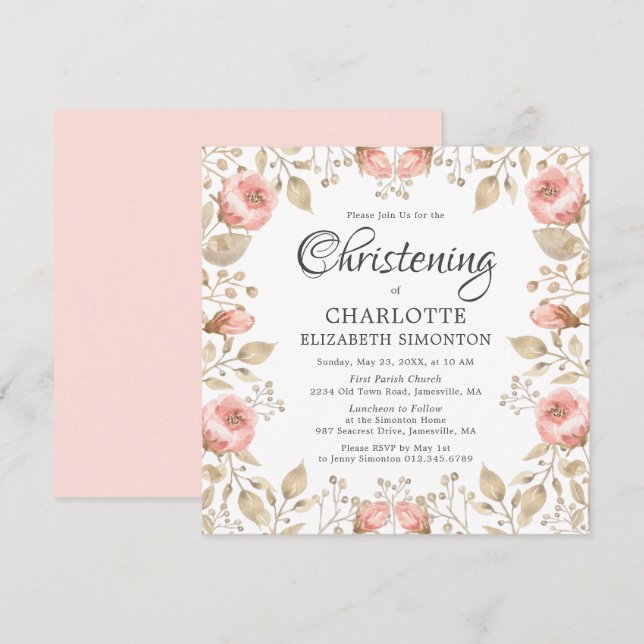 Invitation Rose Rose Gold Botanical Christening (Devant / Derrière)