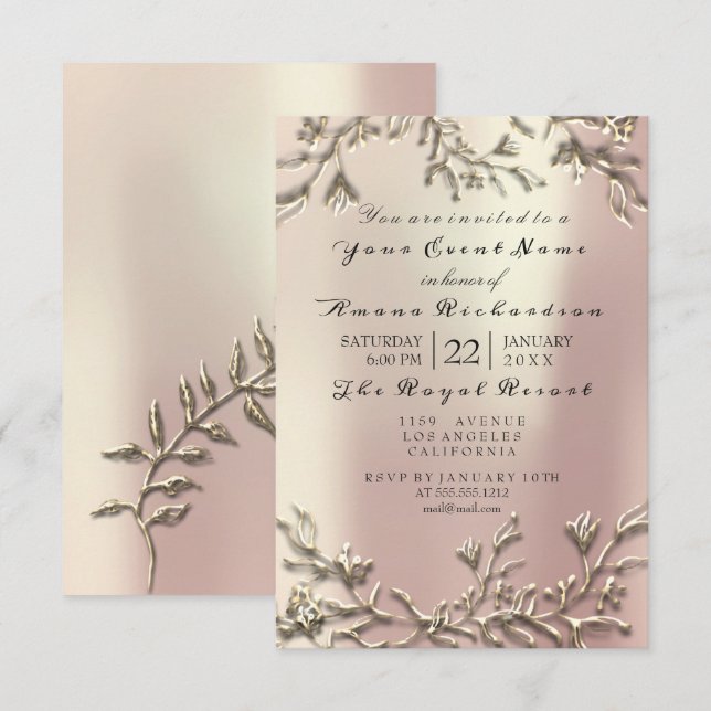 Invitation Rose Rose Gold Champaigne Floral 3D Effet Bridal (Devant / Derrière)