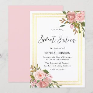 Invitation Rose Rose Gold Flowers Gold Frontière Sweet sixtee