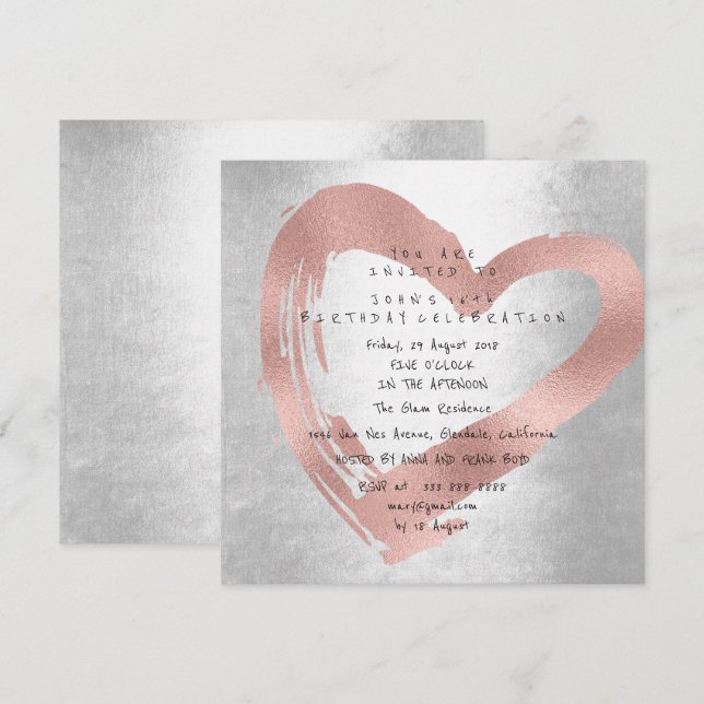 Invitation Rose Rose Gold Heart Argent fête d'anniversaire (Devant / Derrière)