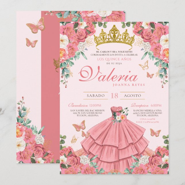 Invitation Rose Rose Gold Princess Butterfly Quinceanera (Devant / Derrière)