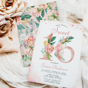 Invitation Rose Rose Gold Princesse Floral Sweet 16 Anniversa