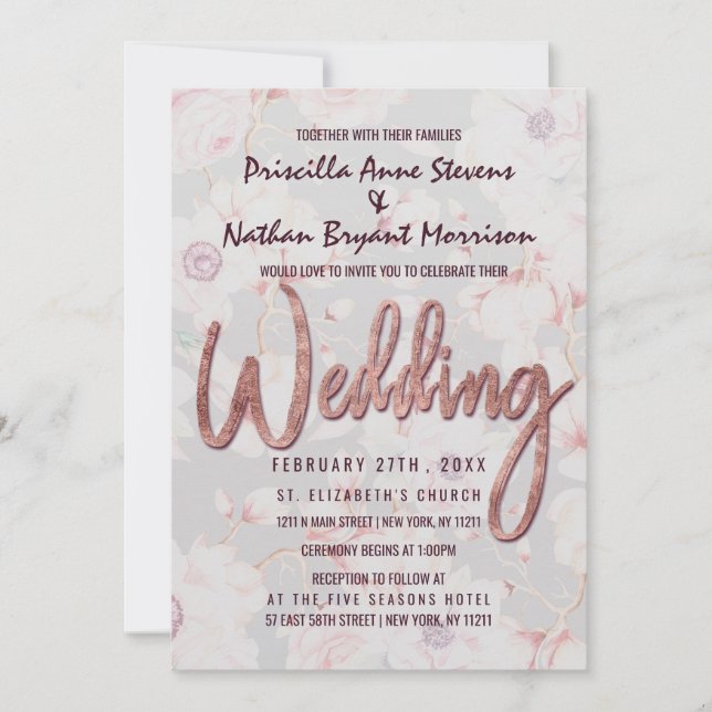 Invitation Rose rose Gris Floral Or Mariage manuscrit (Devant)