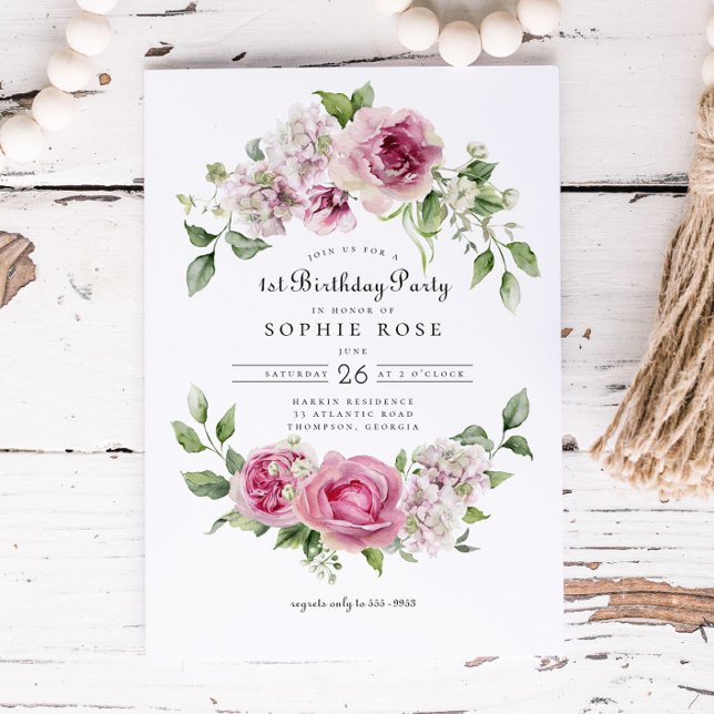 Invitation Rose rose Hydrangea Floral Arch 1er Anniversaire (Créateur téléchargé)