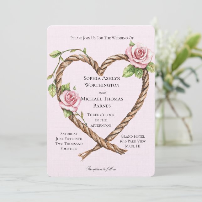 Invitation Rose rose Mariage du coeur floral (Debout devant)
