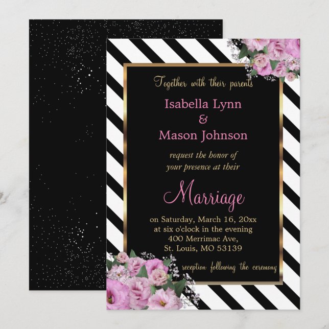 Invitation Rose rose Mariage noir & blanc bande (Devant / Derrière)
