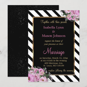 Invitation Rose rose Mariage noir & blanc bande