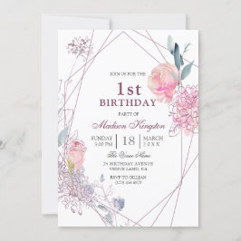 Invitation Rose rose mignonne Filles géométriques 1er anniver