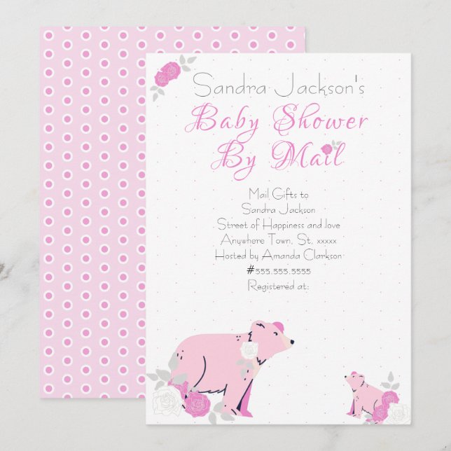 Invitation Rose rose mignonne Floral Mama Bear Cub Baby showe (Devant / Derrière)