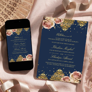 Invitation Rose Rose Motif islamique Marine bleu Mariage musu