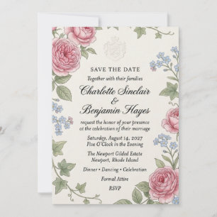 Invitation Rose rose, Myosotis, Lierre et aquarelle de blason
