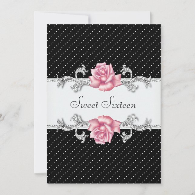 Invitation Rose Rose Noir Polka Sweet sixteen Anniversaire (Devant)