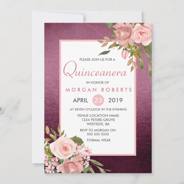 Invitation Rose Rose Or Bourgogne Floral Quinceanera Invitati (Devant)