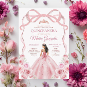 Invitation Rose Rose Or Couronne Bow Princesse fille Quinceañ