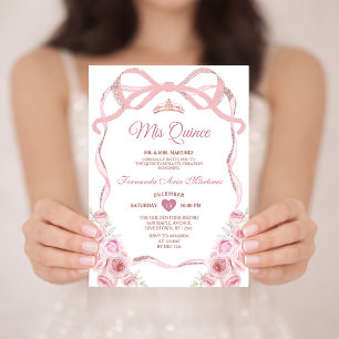 Invitation Rose Rose Or Couronne Florale Bow Ribbon Mis Quinc