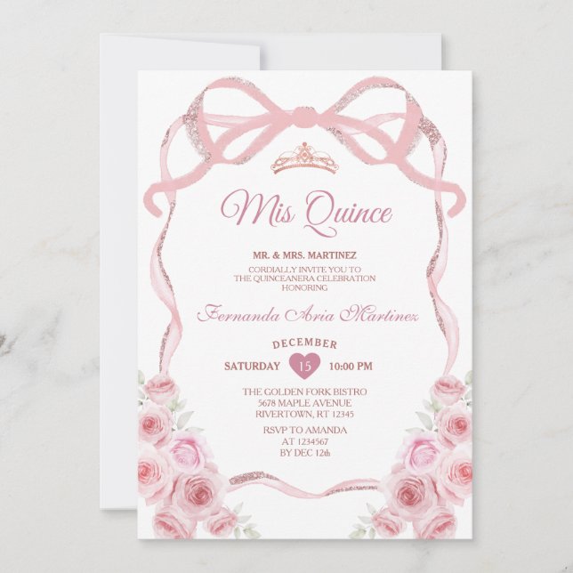Invitation Rose Rose Or Couronne Florale Bow Ribbon Mis Quinc (Devant)