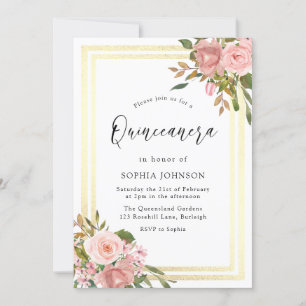 Invitation Rose Rose Or Fleurs Double Frontière Quinceanera