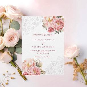 Invitation Rose rose or floral blanc dentelle luxe mariage