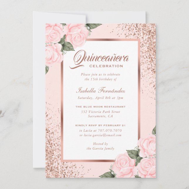 Invitation Rose Rose Or Floral Quinceañera (Devant)