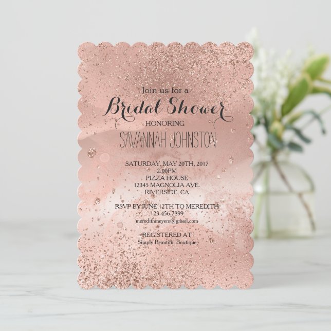 Invitation Rose Rose Or Glitzy Sparkle douche de nuptiale (Debout devant)