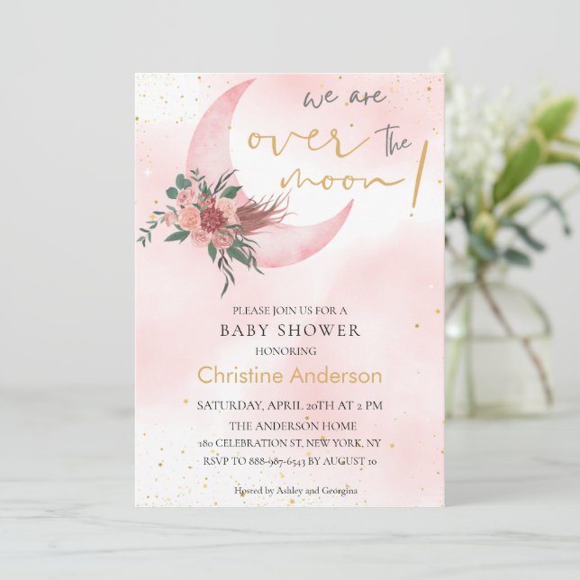 Invitation Rose rose or Nous sommes au-dessus du Baby shower  (Debout devant)