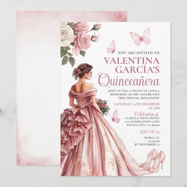 Invitation Rose rose or Quinceañera 15 Anos (Devant / Derrière)