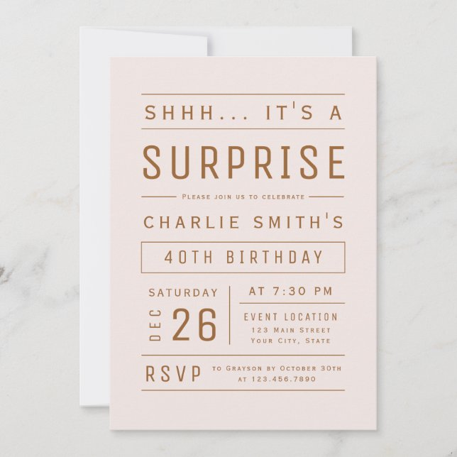 Invitation Rose Rose Or Typographie moderne Surprise Annivers (Devant)